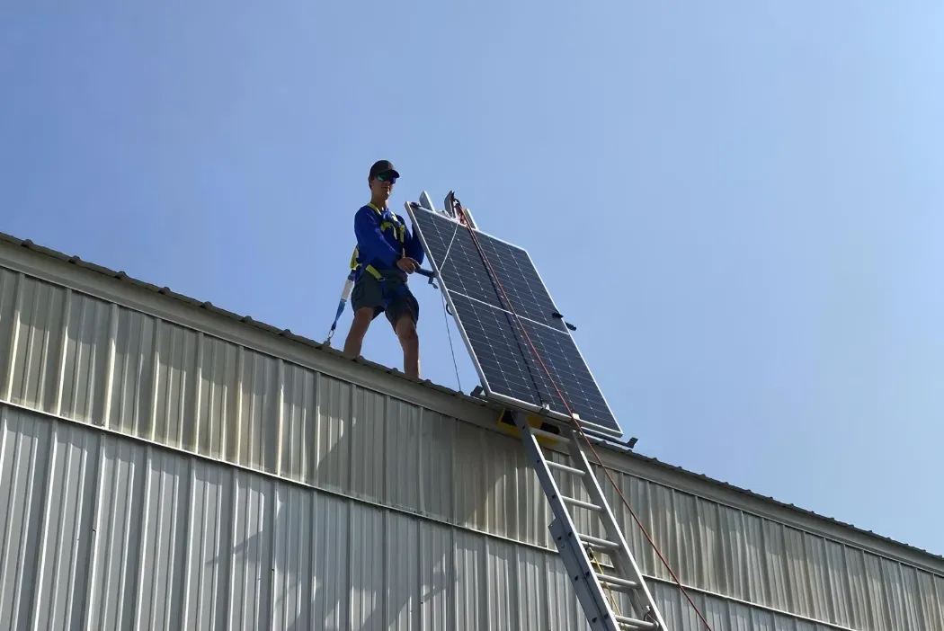 FUEL Solar Lift system set up on an extension ladder